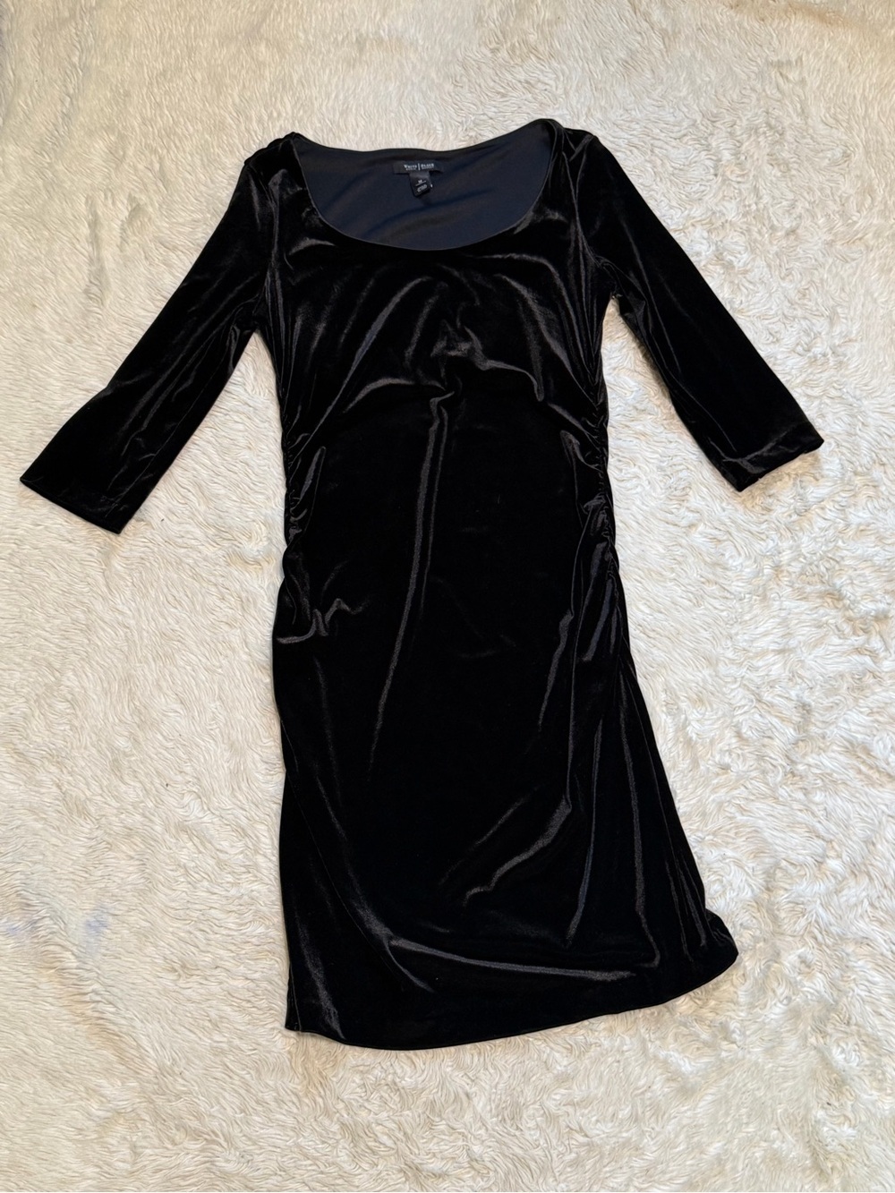 White House Black Market Black Velvet 3/4 Sleeve Side Rushed Dress - Medium